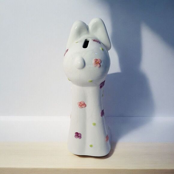 Ceramic Bunny Rabbit Coin Piggy Bank White And Pink 8" Tall - Picture 2 of 4